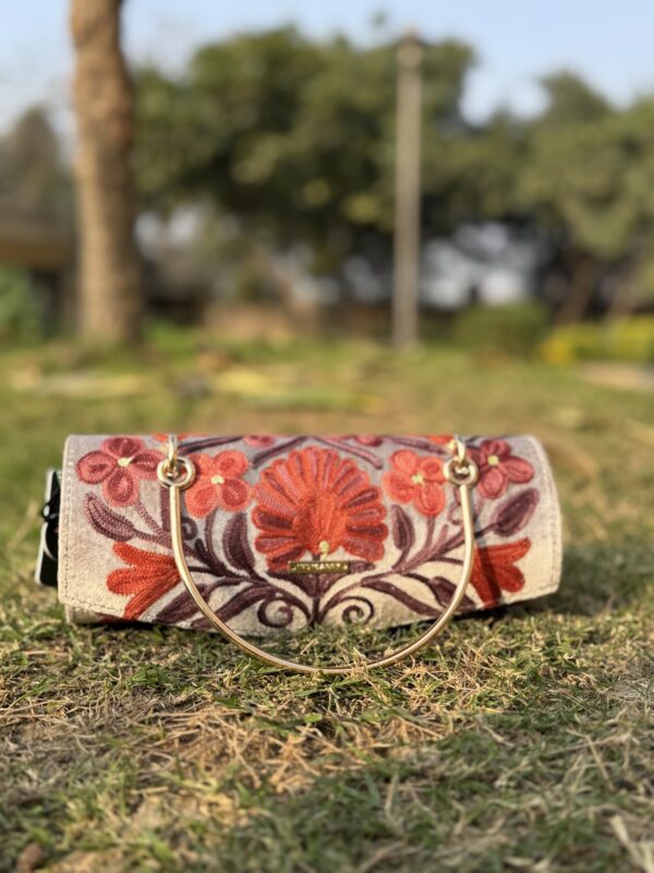 Handcrafted Aari Embroiderered Clutch with Sleek Metal Handle - Silver Grey