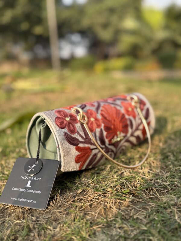 Handcrafted Aari Embroiderered Clutch with Sleek Metal Handle - Silver Grey - Image 3