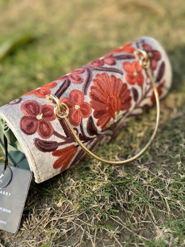 Handcrafted Aari Embroiderered Clutch with Sleek Metal Handle - Silver Grey - Image 2