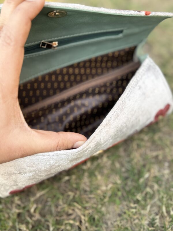 Handcrafted Aari Embroiderered Clutch with Sleek Metal Handle - Silver Grey - Image 4