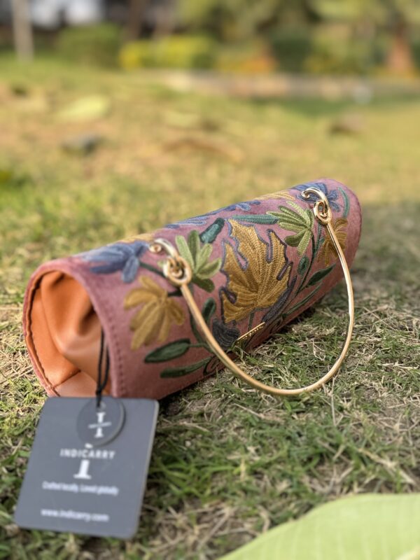 Handcrafted Aari Embroiderered Clutch with Sleek Metal Handle - Brown - Image 2